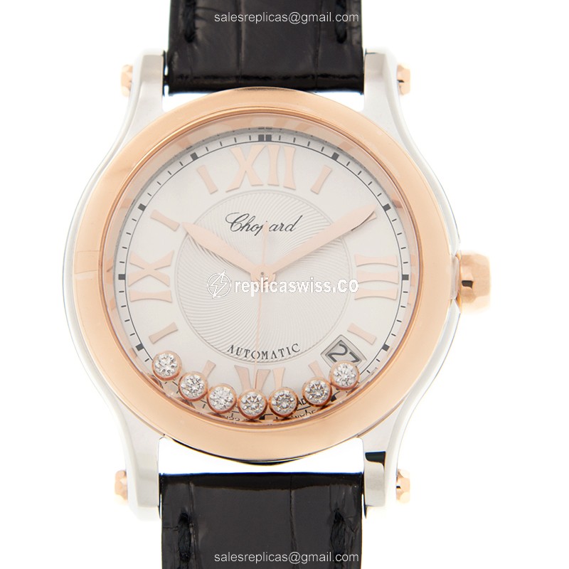 Chopard Happy Sport 278559-6001 - Auto 18K Rose Gold Case, White Dial, Black Alligator Strap